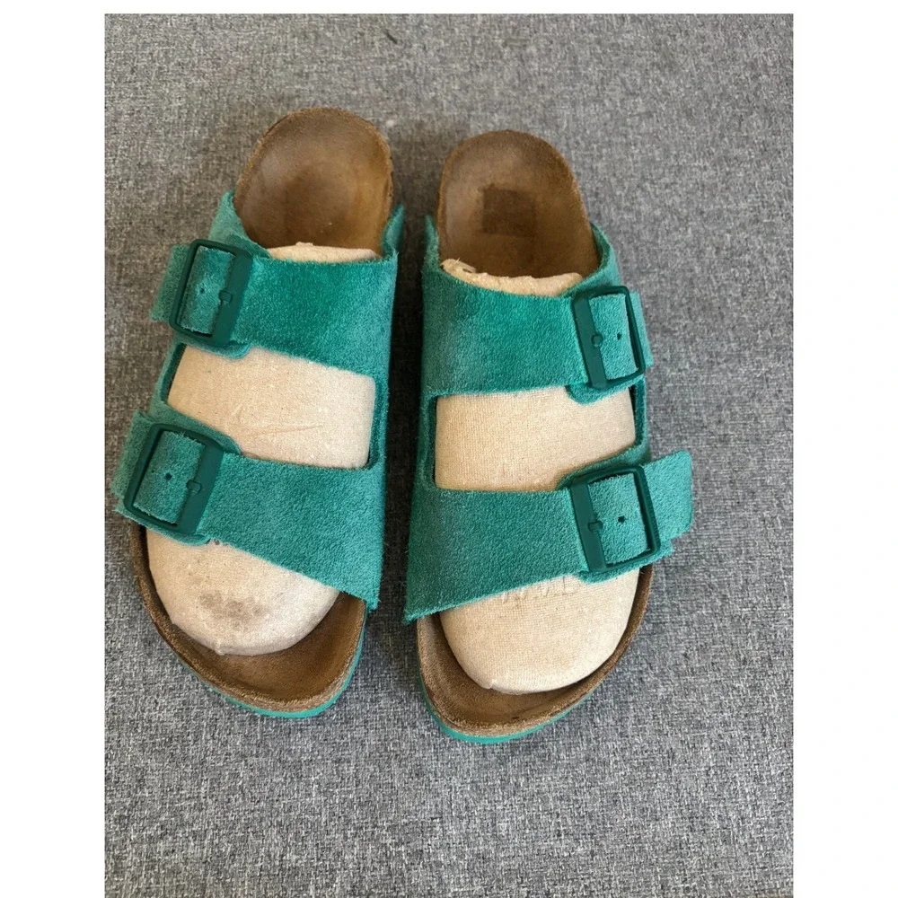 Birkenstock Arizona Teal Green Suede Sandals Two Strap Slides 41 L10 M8